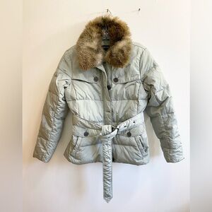 Lands' End Light Green Belted Down Coat with Faux Fur Trim